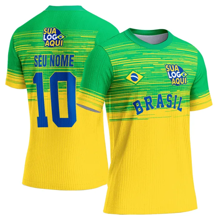 Camiseta unissex preta com logo no peito e estampa grande nas costas com tema Brasil Copa do Mundo 2026, design vibrante e moderno.