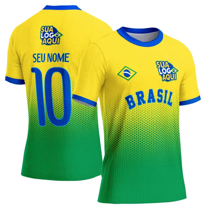 Camiseta unissex branca com logo no peito e estampa grande nas costas, tema Brasil Copa do Mundo 2026, perfeito para torcer com estilo e conforto