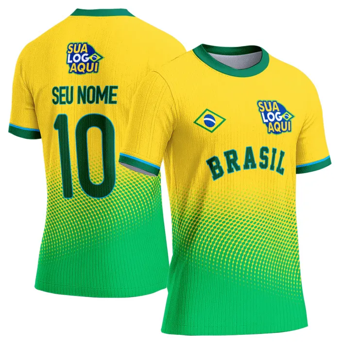 Camiseta unissex branca com logo no peito e estampa grande nas costas com tema Brasil Copa do Mundo 2026, ideal para torcedores, confortável e estilosa para qualquer ocasião.