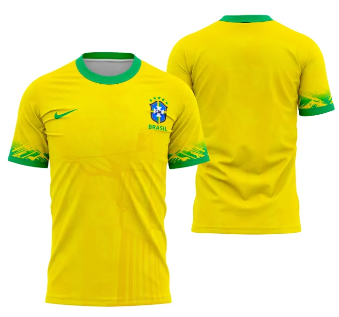 Camiseta unissex na cor preta com logo no peito e estampa grande nas costas exibindo o Cristo Redentor com tema Brasil Concept 2022, ideal para fãs da cultura e beleza nacional.