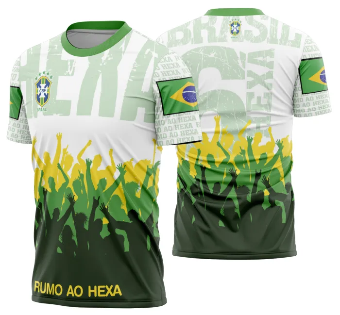 Camiseta unissex preta com logo no peito e estampa grande nas costas, tema Brasil em ritmo de Copa do Mundo 2026, estilo moderno e vibrante, perfeita para torcer com estilo.