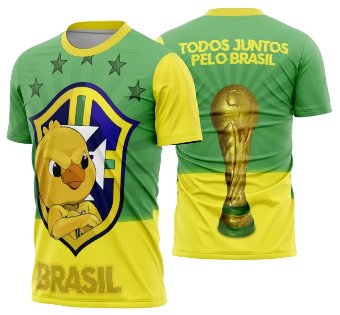 Camiseta unissex branca com logo no peito e estampa grande nas costas mostrando Brasil em ritmo de Copa do Mundo 2026, design vibrante e moderno, perfeita para torcer com estilo.