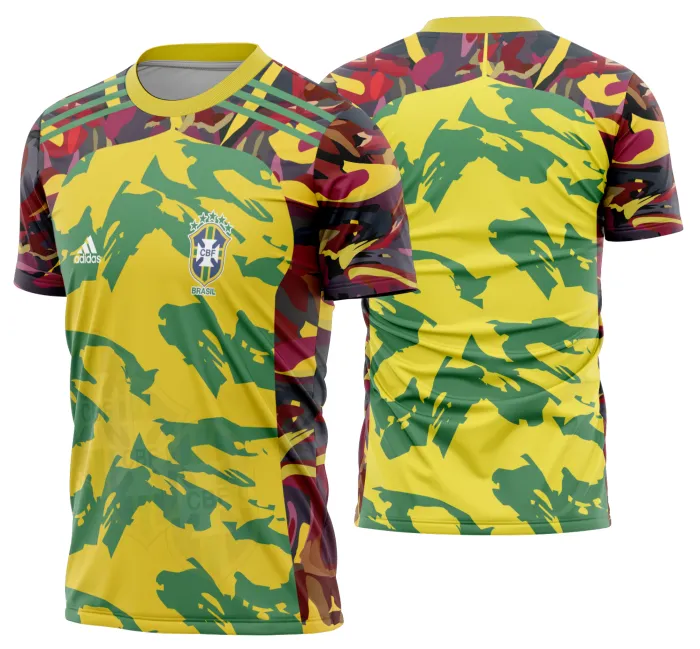 Camiseta unissex branca com logo no peito e estampa grande nas costas, tema Brasil em ritmo de Copa do Mundo 2026, design vibrante e moderno para torcedores.
