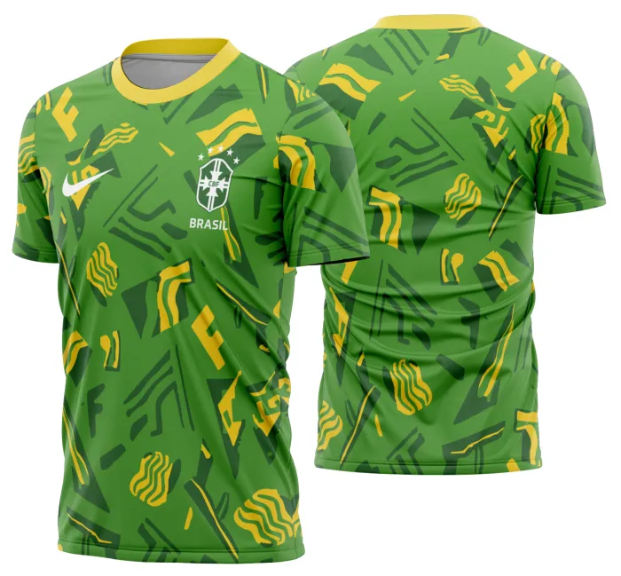 Camiseta unissex branca com logo no peito e estampa grande nas costas destacando o Brasil em ritmo de Copa do Mundo 2026, visual moderno e vibrante celebrando o evento esportivo.