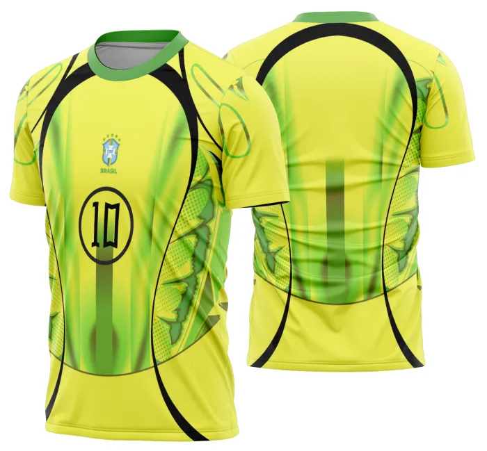 Camiseta unissex branca com logo no peito e estampa grande nas costas em tema Brasil em ritmo de Copa do Mundo 2026, design vibrante e moderno, perfeita para torcer com estilo.