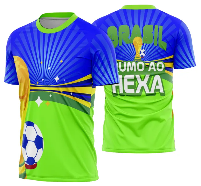 Camiseta unissex branca com logo no peito e estampa grande nas costas mostrando Brasil em ritmo de Copa do Mundo 2026, design vibrante e moderno, ideal para torcer com estilo e conforto.