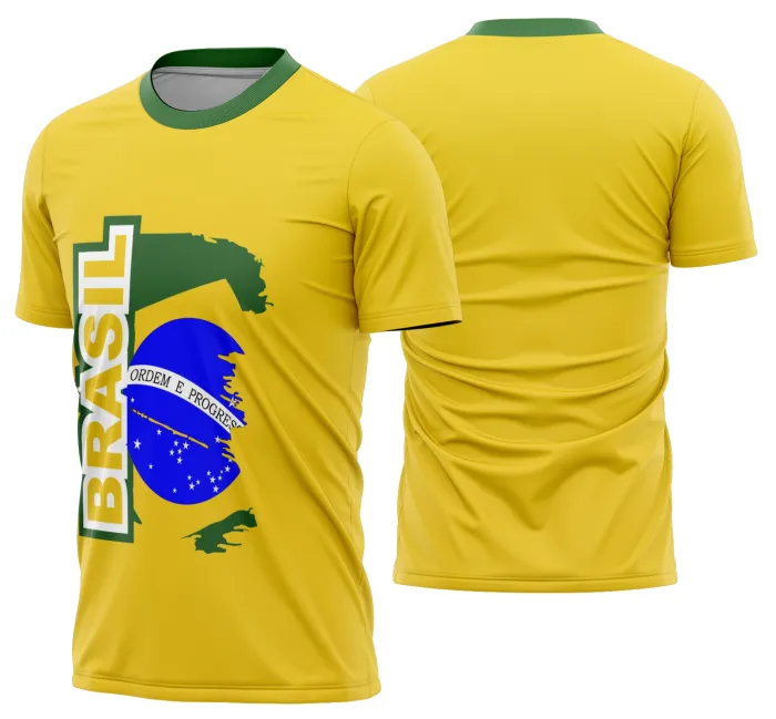 Camiseta unissex preta com logo no peito e estampa grande nas costas mostrando o tema Brasil em ritmo de Copa do Mundo 2026, destaque para design vibrante e esportivo.