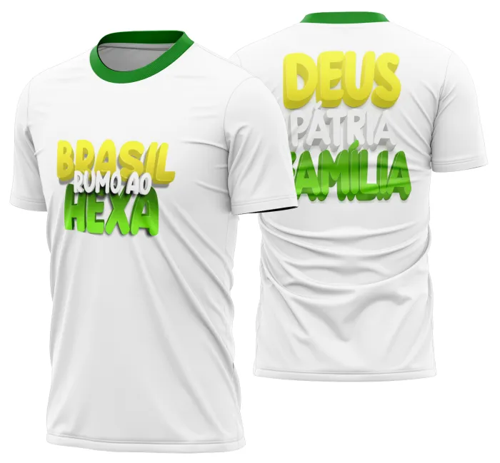 Camiseta unissex preta com logo no peito e estampa grande nas costas com tema Brasil em ritmo de Copa do Mundo 2026, ideal para torcer com estilo e conforto.