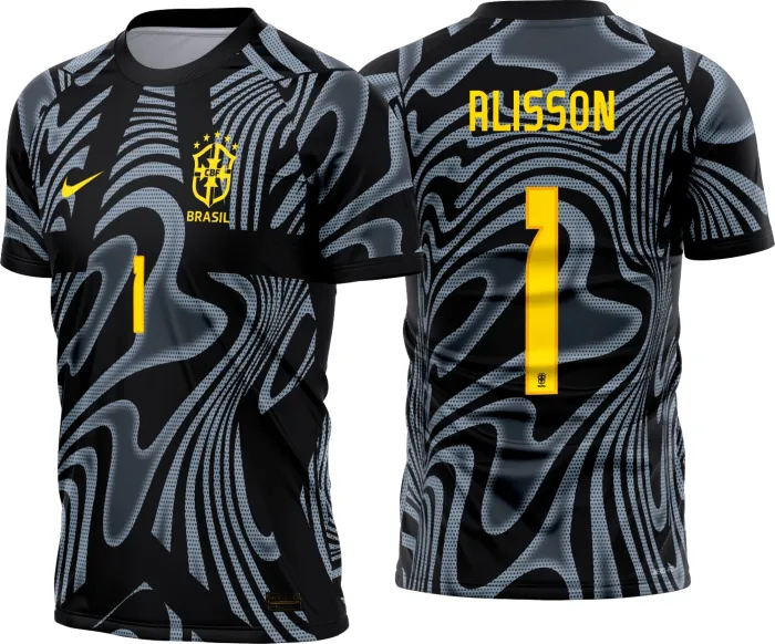 Camiseta unissex preta com logo no peito e estampa grande nas costas, com design inspirado na camisa do goleiro do Brasil 2026-28, ideal para torcedores e fãs de futebol.