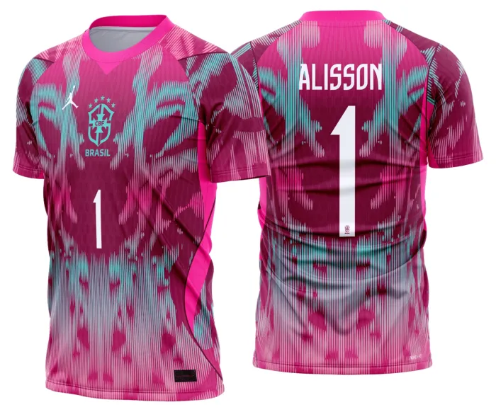Camiseta unissex preta com logo no peito e estampa grande nas costas do goleiro número 4 do Brasil para 2026 a 2028 em tom rosa vibrante.