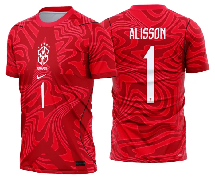 Camiseta unissex na cor preta com logo no peito e estampa grande nas costas inspirada na camisa do goleiro número 5 do Brasil para o período 2026-2028.