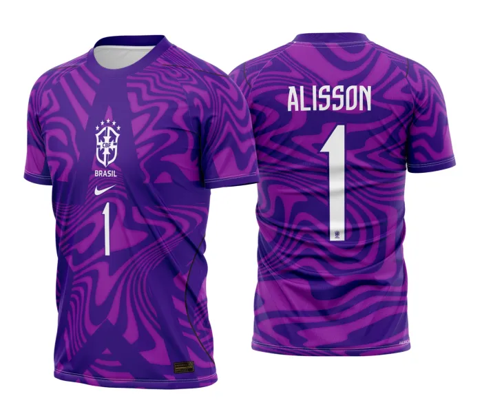 Camiseta unissex preta com logo no peito e estampa grande nas costas destacando o goleiro Brasil 6 na temporada 2026-2028, ideal para fãs de futebol e estilo esportivo.