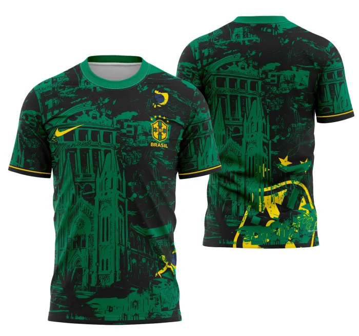 Camiseta unissex preta com logo no peito e estampa grande nas costas do Brasil Interclasse 2025, destacando cores vibrantes e visual moderno, perfeita para eventos e torcida.