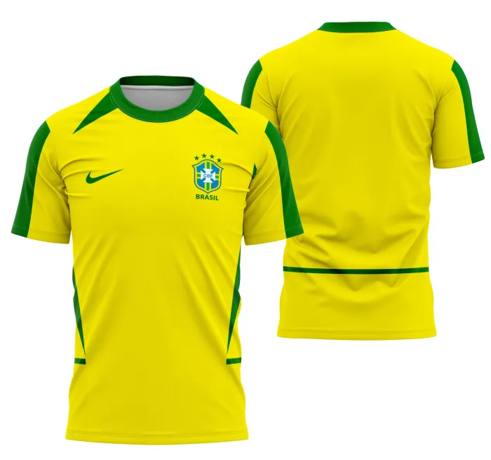 Camiseta unissex preta com logo no peito e estampa grande nas costas comemorando Brasil Local 2002 Modelo 1, perfeita para torcer com estilo e identidade.