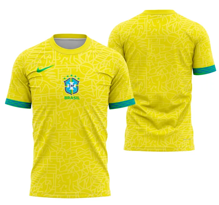 Camiseta unissex branca com logo no peito e estampa grande nas costas inspirada na camisa Brasil Local 2024, com design moderno e toque vibrante.