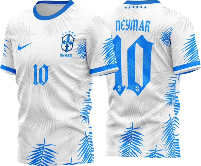 Camiseta unissex preta com logo no peito e estampa grande nas costas inspirada no Brasil Nike Tropical Blue 2022, estilo moderno e vibrante, perfeita para fãs do futebol.