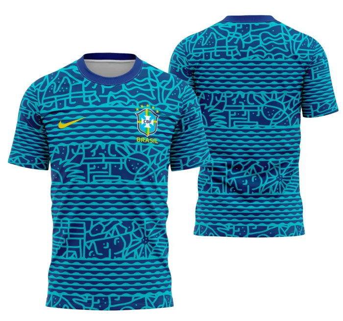 Camiseta unissex preta com logo no peito e estampa grande nas costas com tema Brasil Pre-Match 2024, perfeita para torcer com estilo e atitude.