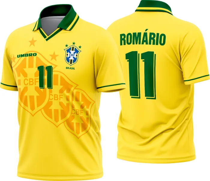 Camiseta unissex branca com logo no peito e estampa grande nas costas, tema Camisa Brasil Titular 1994 1996, ideal para fãs de futebol retrô e estilo clássico.