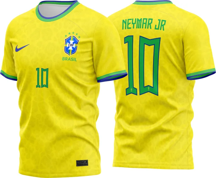 Foto de camiseta unissex preta com logo no peito e estampa grande nas costas com o tema Camisa Brasil Titular 2022-23, ideal para fãs e torcedores, mostrando estilo e paixão pelo futebol.