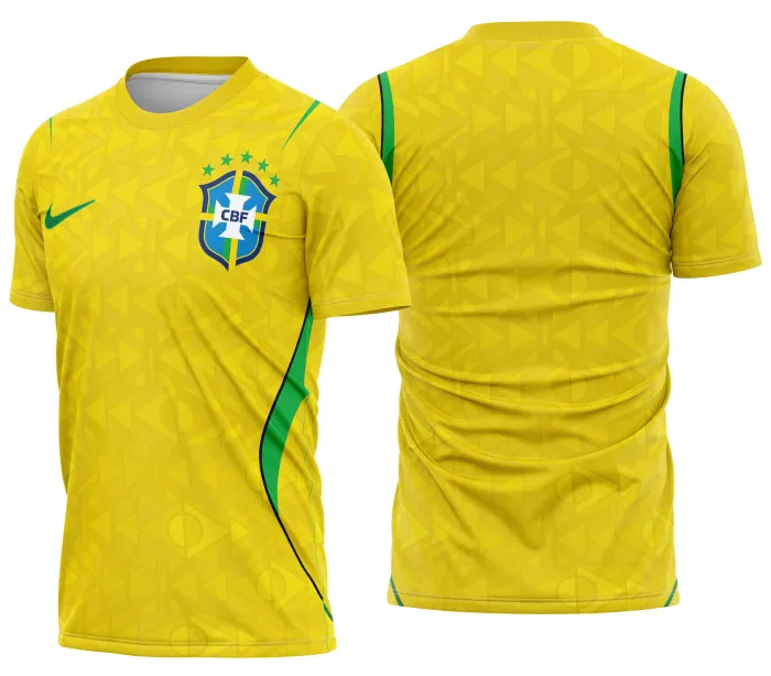 Camiseta unissex branca com logo no peito e estampa grande nas costas inspirada na camisa Brasil titular 2026 2027, visual moderno e esportivo, ideal para torcedores e eventos.