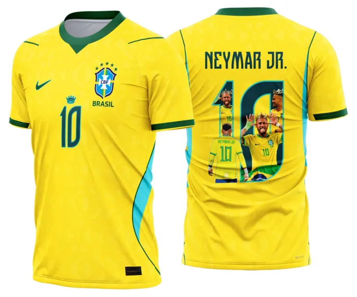 Camiseta unissex preta com logo no peito e estampa grande nas costas inspirada na Camisa Brasil Titular 2026-28 Neymar 10 Amarela, destacando cores vibrantes e design moderno.