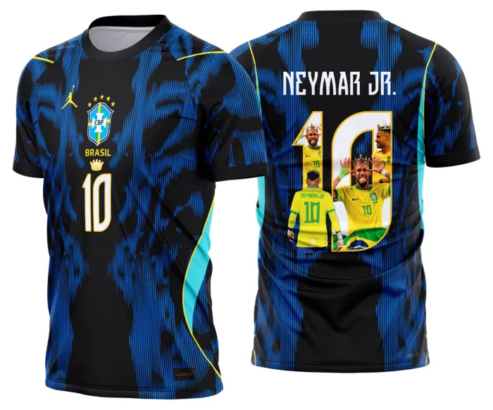 Foto de camiseta unissex azul com logo no peito e estampa grande nas costas do Brasil Titular 2026-28 Neymar 10, ideal para fãs do futebol brasileiro.
