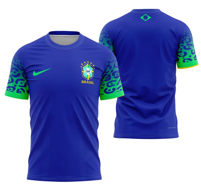 Camiseta unissex branca com logo no peito e estampa grande nas costas mostrando tema Brasil Visita 2022-2023, ideal para fãs e torcedores, design moderno e confortável.