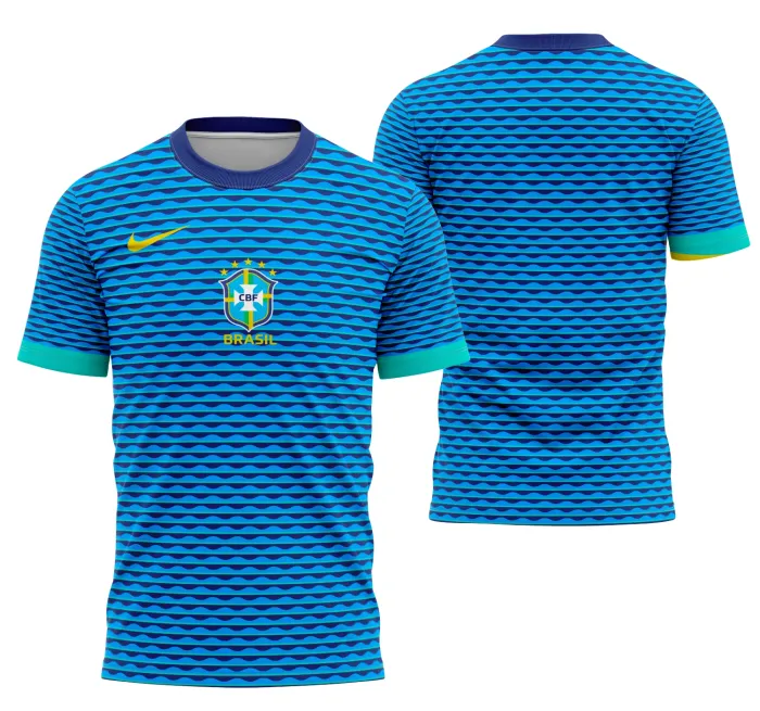 Camiseta unissex preta com logo no peito e estampa grande nas costas com tema Brasil Visita 2024, perfeita para fãs e torcedores, visual moderno e vibrante.