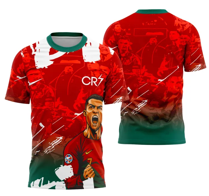 Camiseta preta unissex com logo no peito e estampa grande nas costas destacando a coleção C. Ronaldo Goats & Glory, perfeita para fãs do futebol e estilo único.