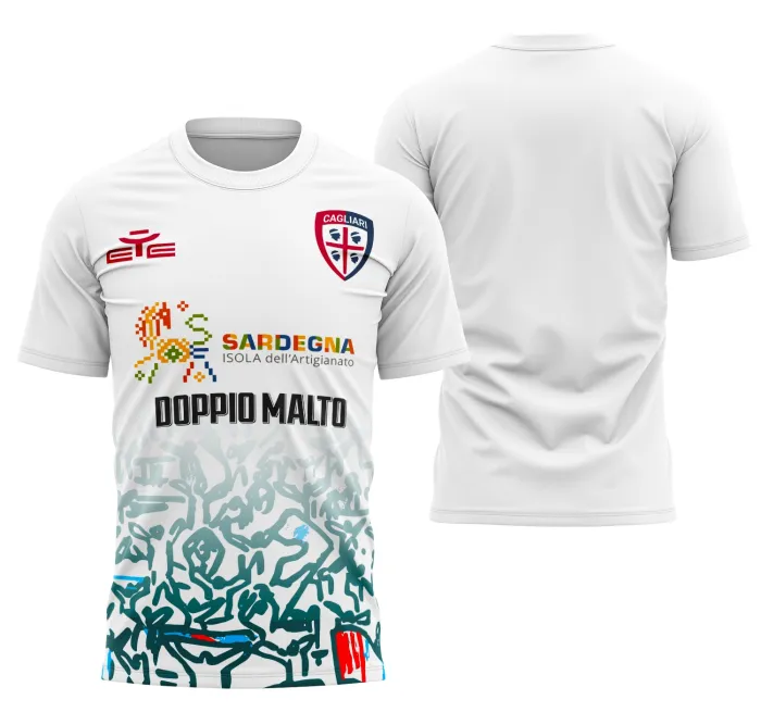 Foto de camiseta unissex com logo no peito e estampa grande nas costas do uniforme reserva Cagliari 25-26, cor base preta, design esportivo e moderno.