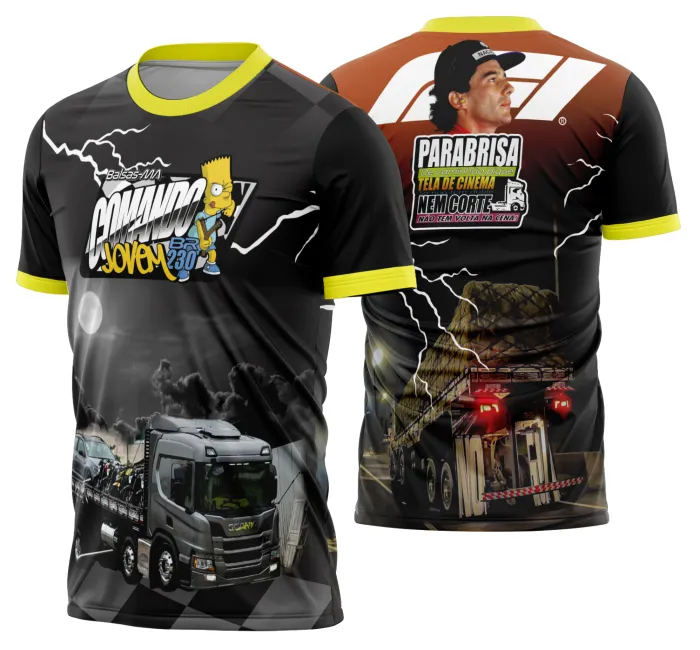 Camiseta unissex preta com logo no peito e estampa grande nas costas de caminhoneiros com caminhão carreta, design imponente e estilo casual.