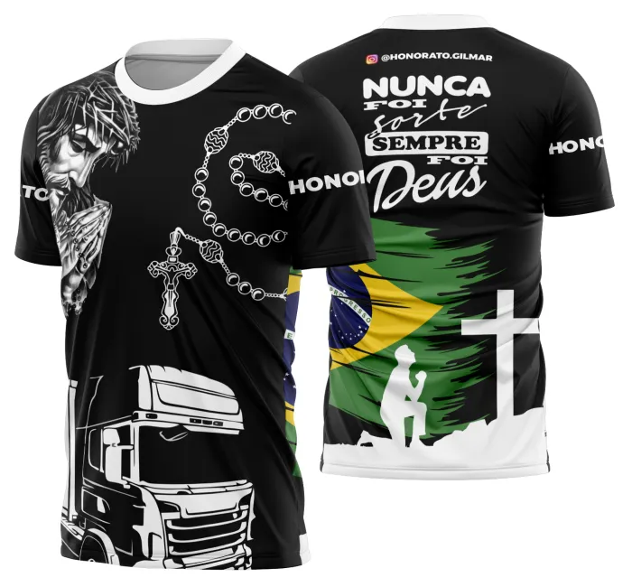 Camiseta unissex preta com logo no peito e estampa grande nas costas mostrando caminhão carreta em destaque, ideal para fãs de caminhoneiros e caminhões.