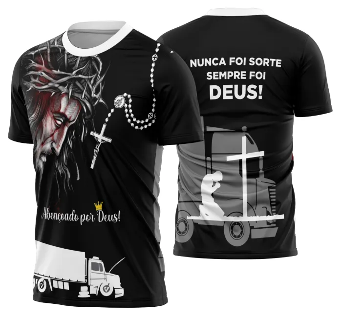Camiseta unissex preta com logo no peito e estampa grande nas costas com tema de caminhoneiros, caminhão e carreta, estilo robusto e moderno para amantes da estrada.