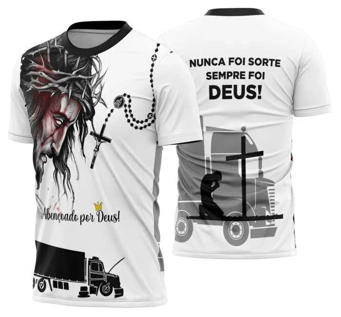 Camiseta unissex preta com logo no peito e estampa grande nas costas mostrando caminhão carreta, estilo para caminhoneiros com visual marcante e confortável.