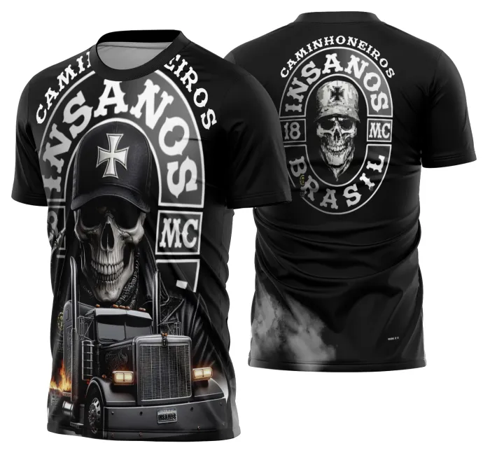 Camiseta unissex preta com logo no peito e estampa grande nas costas mostrando caminhão carreta modelo 06, perfeita para fãs do mundo dos caminhoneiros, estilo robusto e moderno.