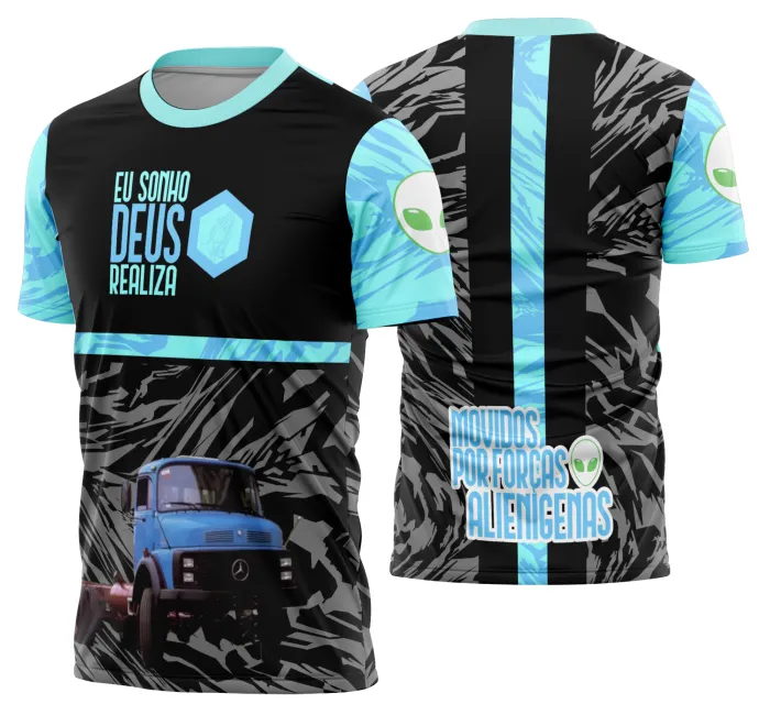 Camiseta unissex preta com logo no peito e estampa grande nas costas mostrando caminhão carreta Modelo 10, design perfeito para quem ama a vida na estrada.