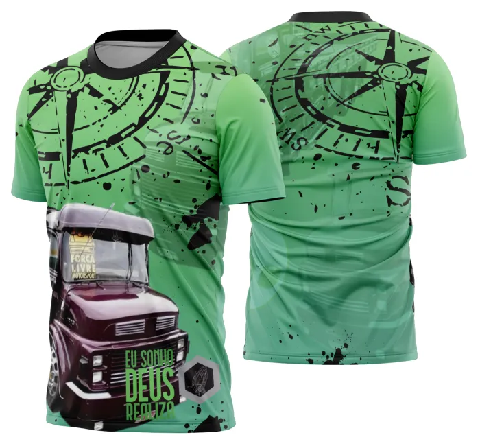 Camiseta unissex preta com logo no peito e estampa grande nas costas de caminhão carreta no Modelo 11, ideal para fãs e profissionais caminhoneiros