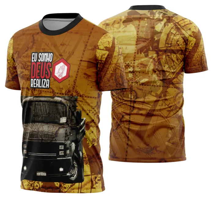 Camiseta unissex preta com logo no peito e estampa grande nas costas de caminhão carreta modelo 12, ideal para fãs de caminhoneiros e roteiros na estrada.