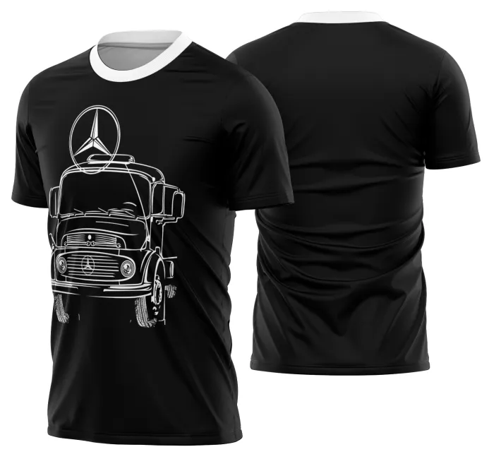Camiseta preta unissex com logo no peito e estampa grande nas costas de caminhão carreta modelo 13, ideal para fãs de caminhoneiros e estradas.
