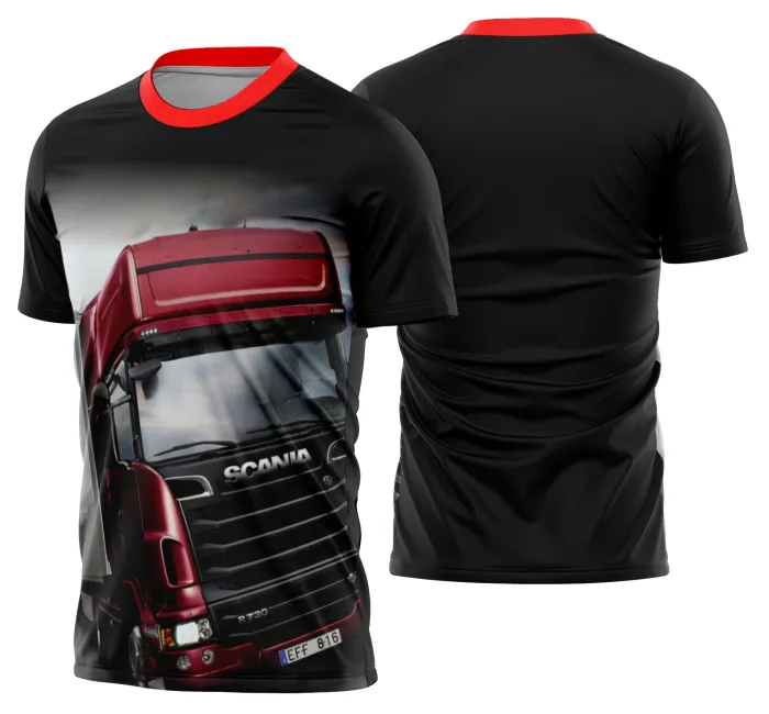 Camiseta unissex preta com logo no peito e estampa grande nas costas com tema de caminhoneiros, caminhão e carreta Modelo 14 para quem ama a vida na estrada.