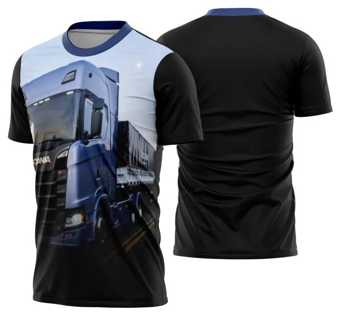 Camiseta unissex preta com logo no peito e estampa grande nas costas com tema Caminhoneiros Caminhão Carreta Modelo 16, design marcante e confortável para o dia a dia.