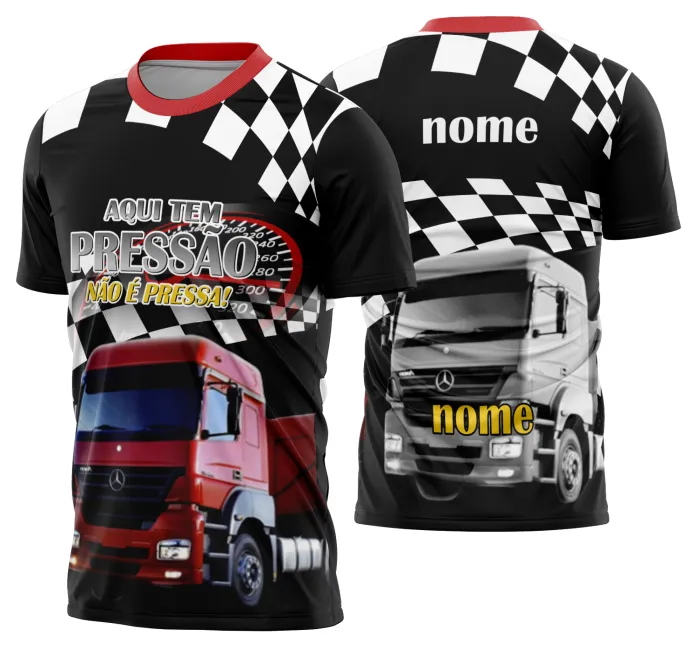 Camiseta unissex preta com logo no peito e estampa grande nas costas inspirada em caminhões e carretas Modelo 17, ideal para fãs de caminhoneiros e transporte pesado.