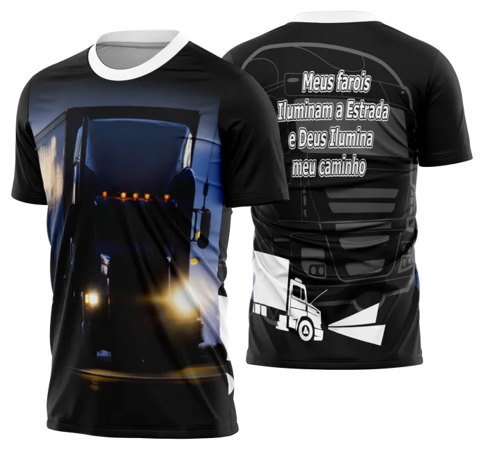 Camiseta unissex preta com logo no peito e estampa grande nas costas mostrando caminhoneiros, caminhão e carreta Modelo 18, perfeita para fãs do mundo de transportes rodoviários.