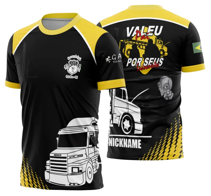 Camiseta unissex preta com logo no peito e estampa grande nas costas mostrando caminhão e carreta modelo 19, ideal para fãs do universo dos caminhoneiros.