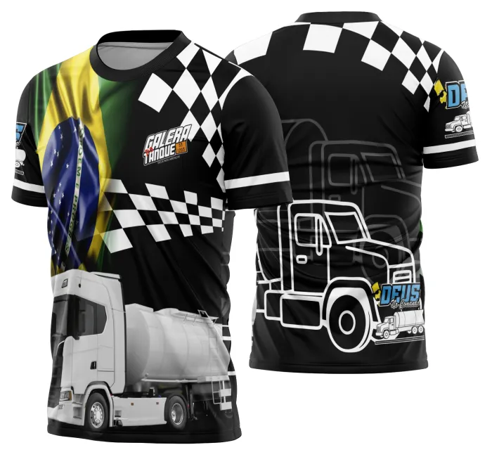 Camiseta unissex preta com logo no peito e estampa grande nas costas de caminhoneiros com caminhão carreta Modelo 22, perfeita para fãs do universo pesado.