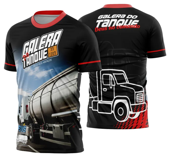 Camiseta unissex preta com logo no peito e estampa grande nas costas mostrando caminhoneiros, caminhão e carreta Modelo 23 em destaque, ideal para amantes do tema rodoviário.