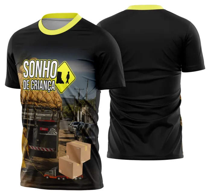 Camiseta unissex preta com logo no peito e estampa grande nas costas de caminhoneiros, caminhão e carreta Modelo 24, destaque para visual moderno e estilo robusto.