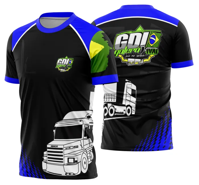 Camiseta unissex preta com logo no peito e estampa grande nas costas mostrando caminhão carreta Modelo 25, ideal para fãs e profissionais do transporte rodoviário.