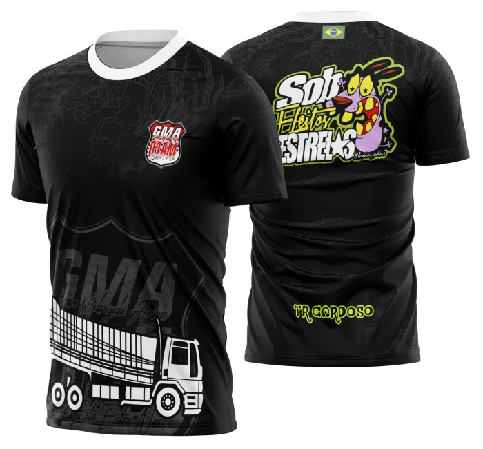 Camiseta unissex preta com logo no peito e estampa grande nas costas retratando caminhoneiros e caminhão carreta modelo 27, perfeita para fãs do universo das estradas.