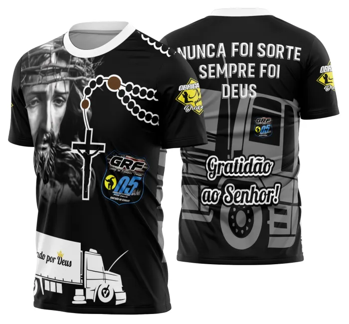 Camiseta unissex preta com logo no peito e estampa grande nas costas mostrando caminhão carreta Modelo 28, ideal para fãs e profissionais de estrada